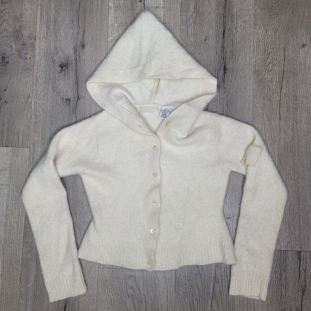 Vintage White Hooded Cardigan Sweater S 4t 50% Lambswool 40% Rabbit Hair angora